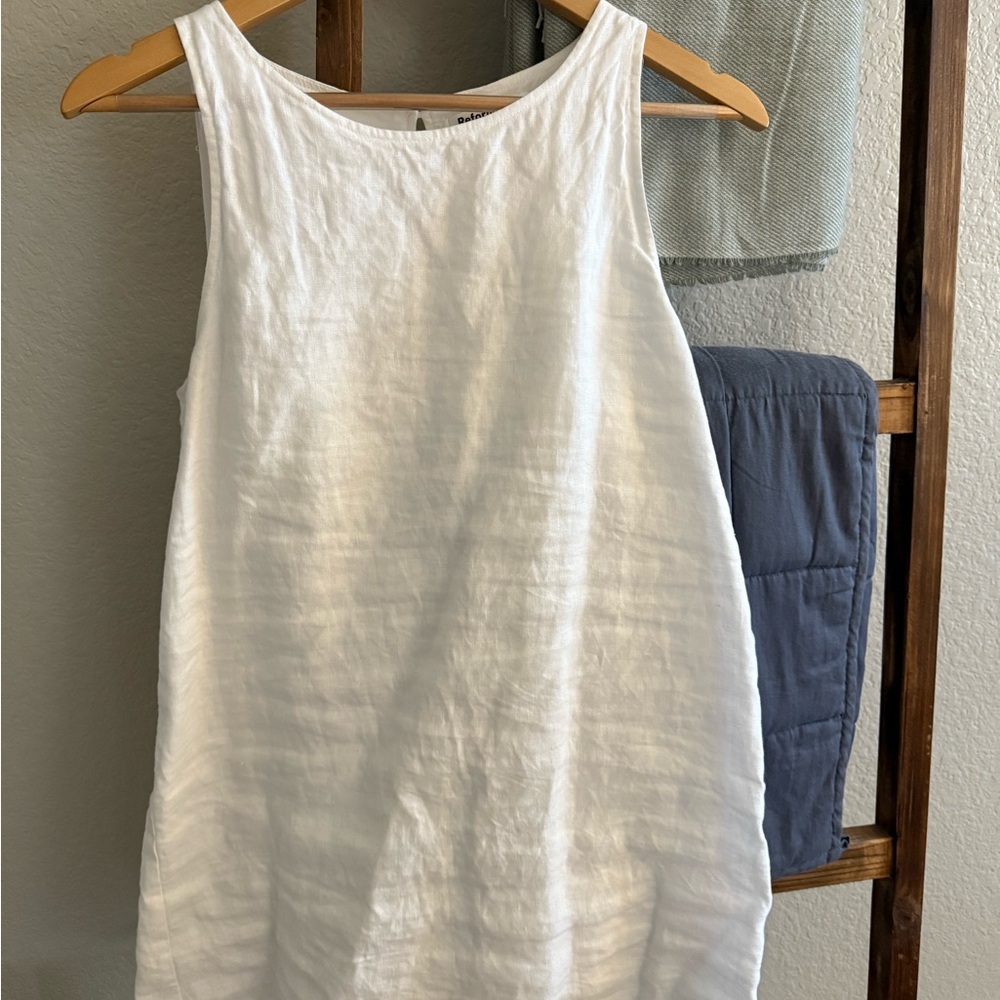 Reformation White Linen Mini Shift Dress with Boatneck style